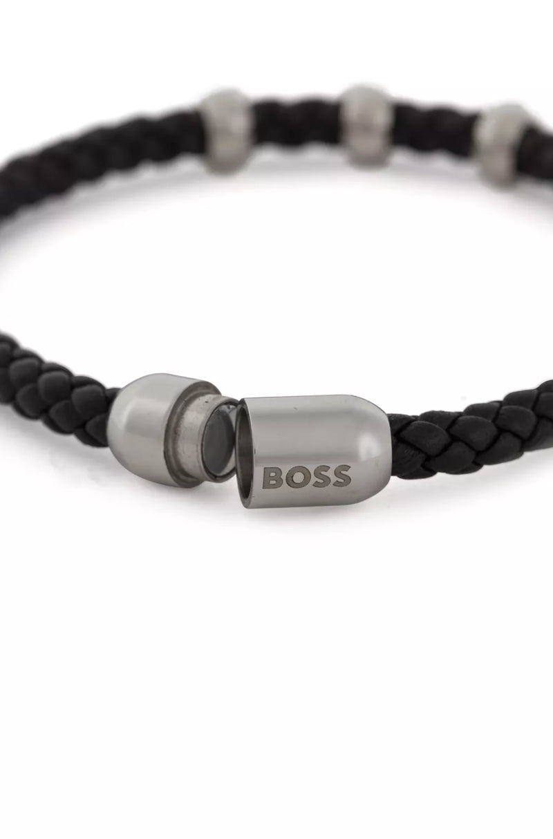 Bracelet BOSS en cuir tressé avec fermoir magnétique logoté Noir