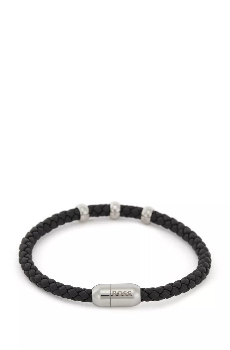 Bracelet BOSS en cuir tressé avec fermoir magnétique logoté Noir